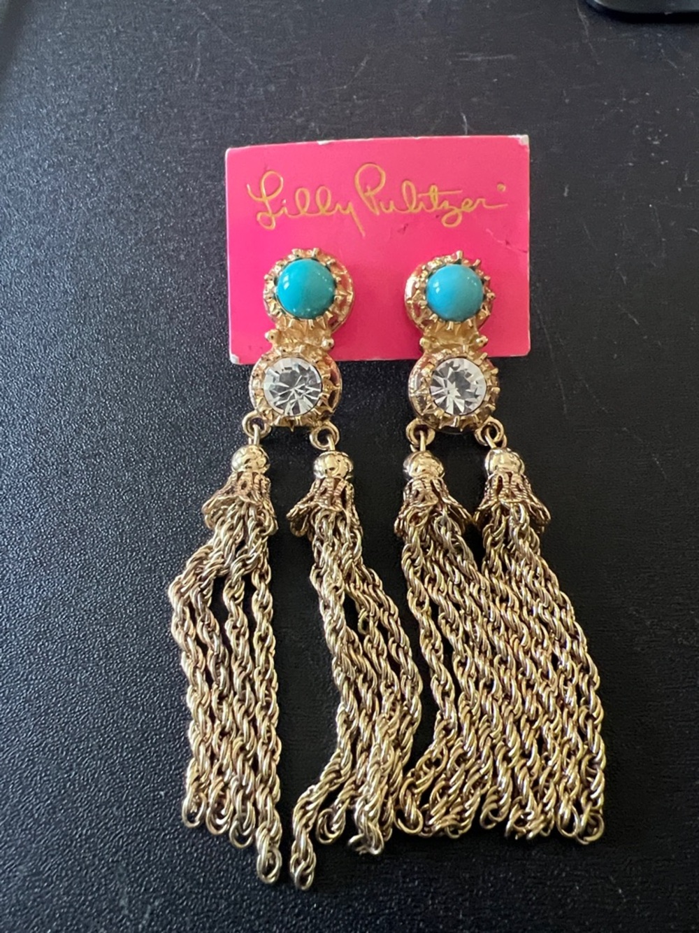 Lilly Pulitzer Gold Tassel Earrings with Turquoise and Clear Accents